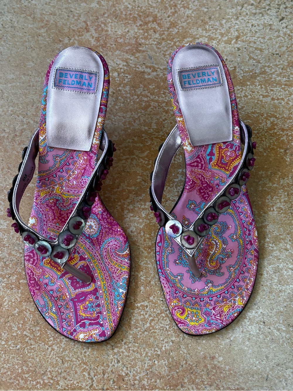 Y2K Beverly Feldman Pink Paisley Gem-Embellished Whimsigoth Sandals